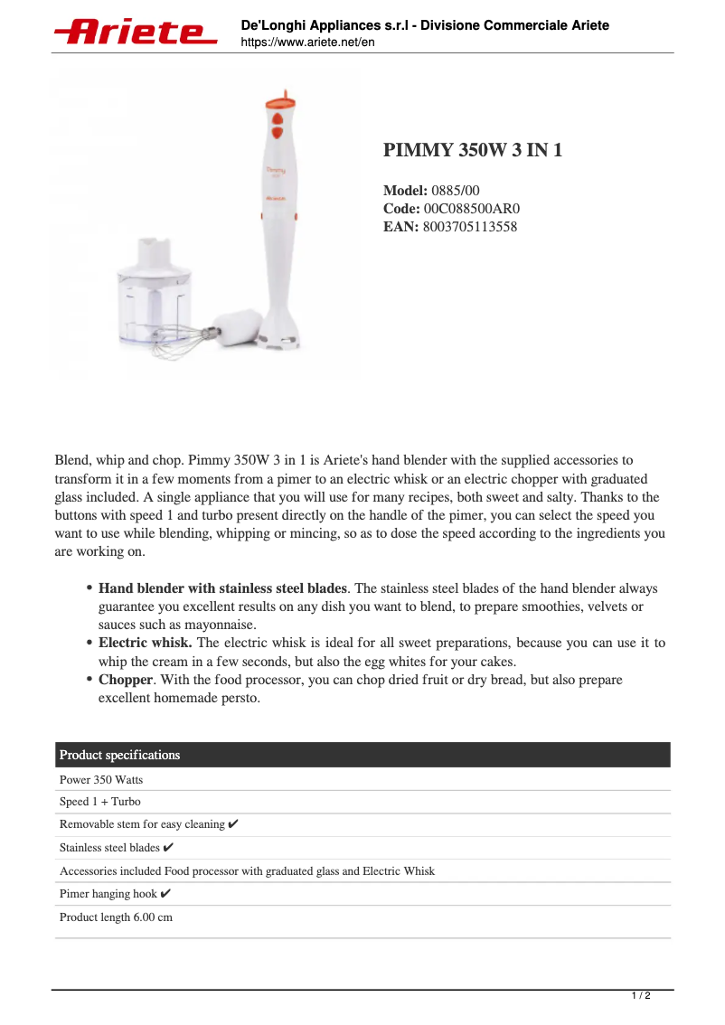 Page 1 de la notice Manuel utilisateur Ariete Pimmy 350W 3in1 885