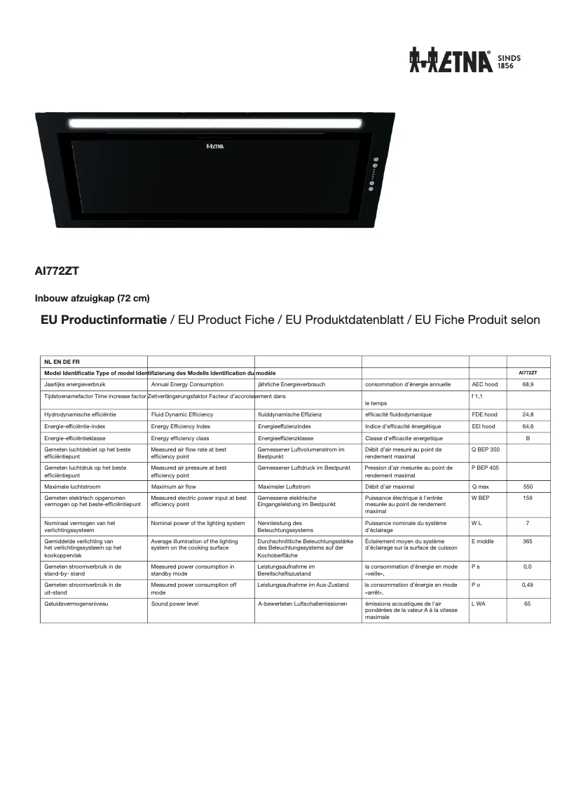 Page 1 de la notice Fiche technique Etna HF2015