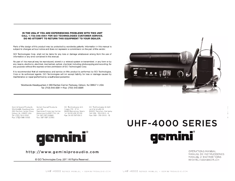 Page 1 de la notice Manuel utilisateur Gemini UHF-4100M