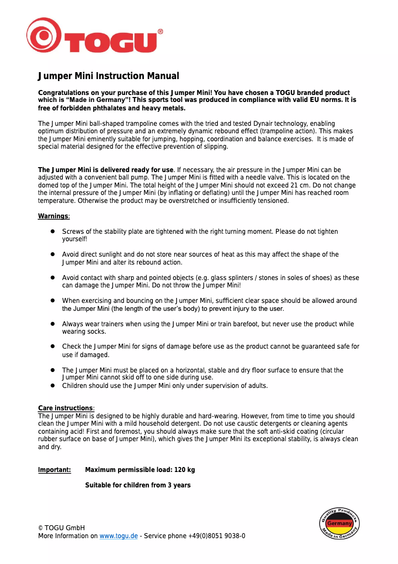 Page 1 de la notice Manuel utilisateur TOGU Jumper mini