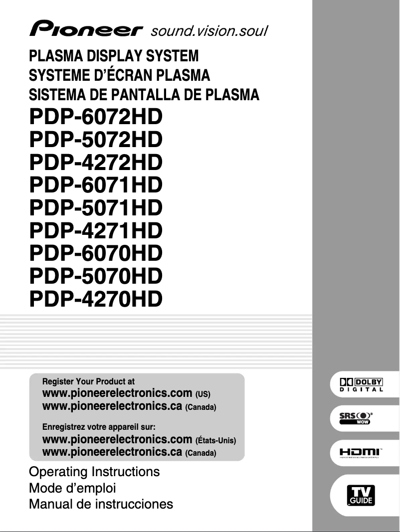 Page 1 de la notice Manuel utilisateur Pioneer PDP-6071HD