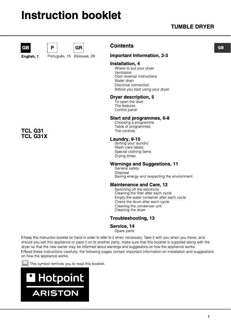 Page 1 de la notice Manuel utilisateur Hotpoint TCL G31