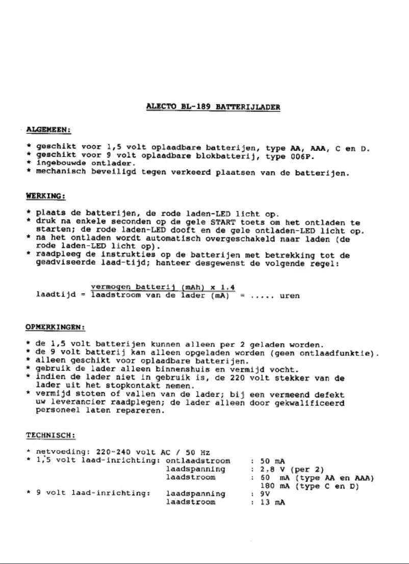 Page 1 de la notice Manuel utilisateur Alecto BL-189