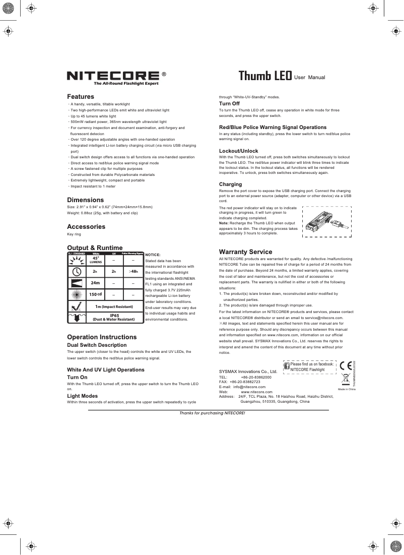 Page 1 de la notice Manuel utilisateur Nitecore Thumb LEO