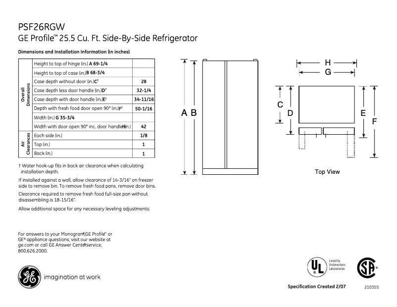 Page n°1 - Fiche technique GE Profile PSF26RGWWW
