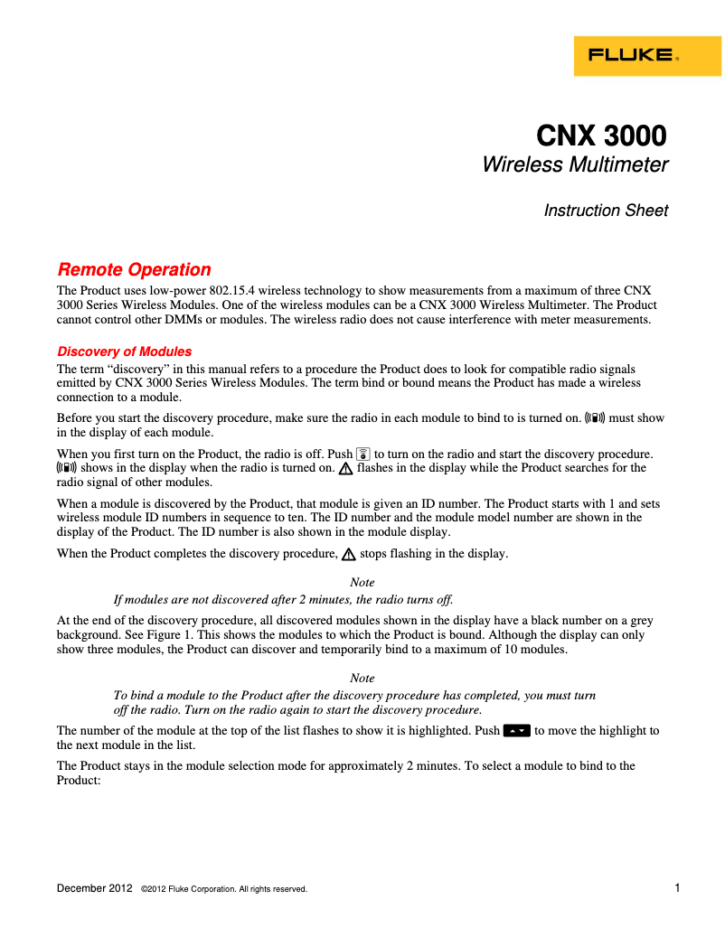 Page 1 de la notice Instructions / montage Fluke CNX v3000
