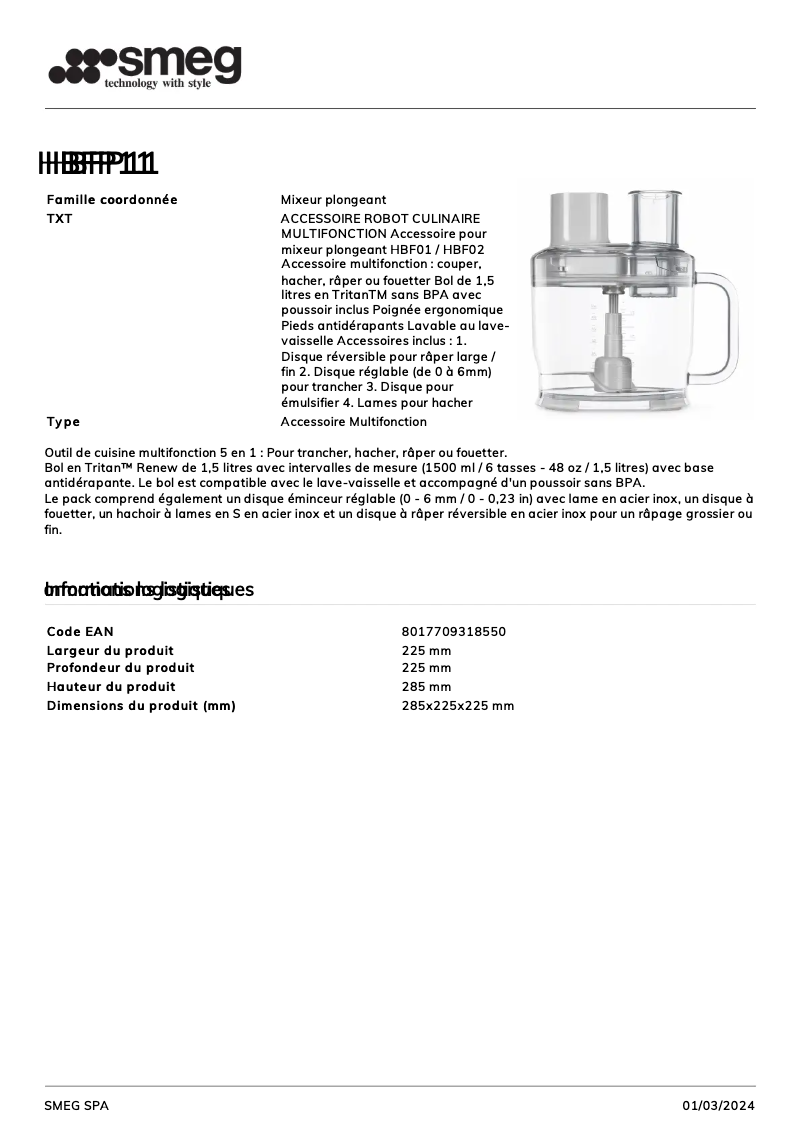 Page 1 de la notice Fiche technique Smeg HBFP11