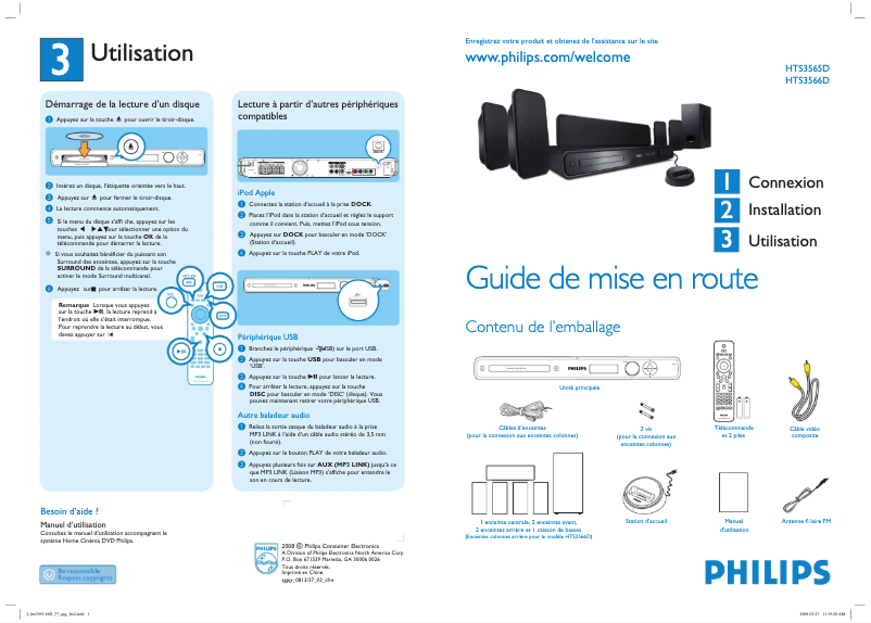 Page 1 de la notice Guide de démarrage rapide Philips HTS3566D