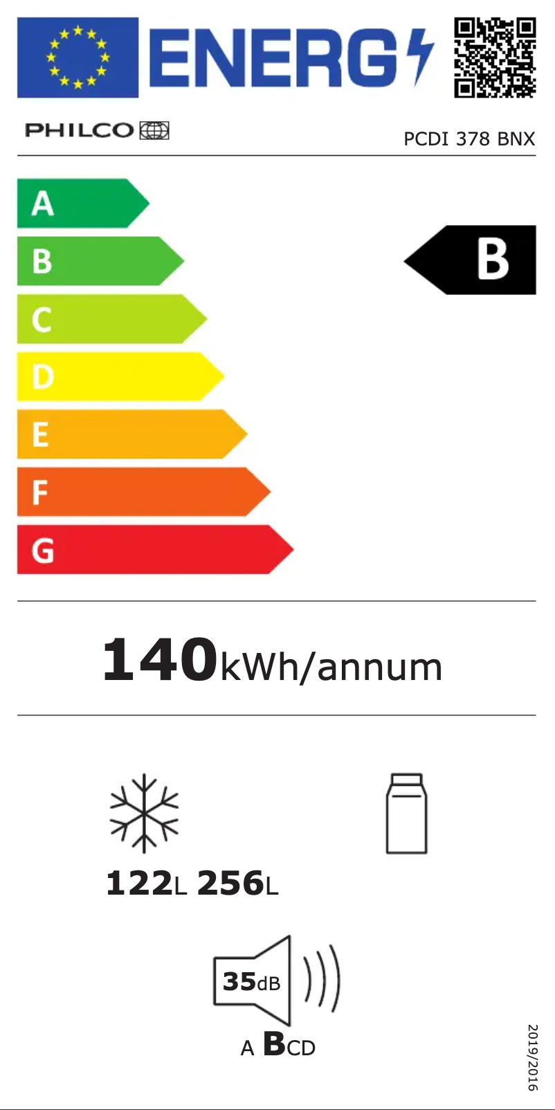 Page 1 de la notice Label énergétique Philco PCDI 378 BNX