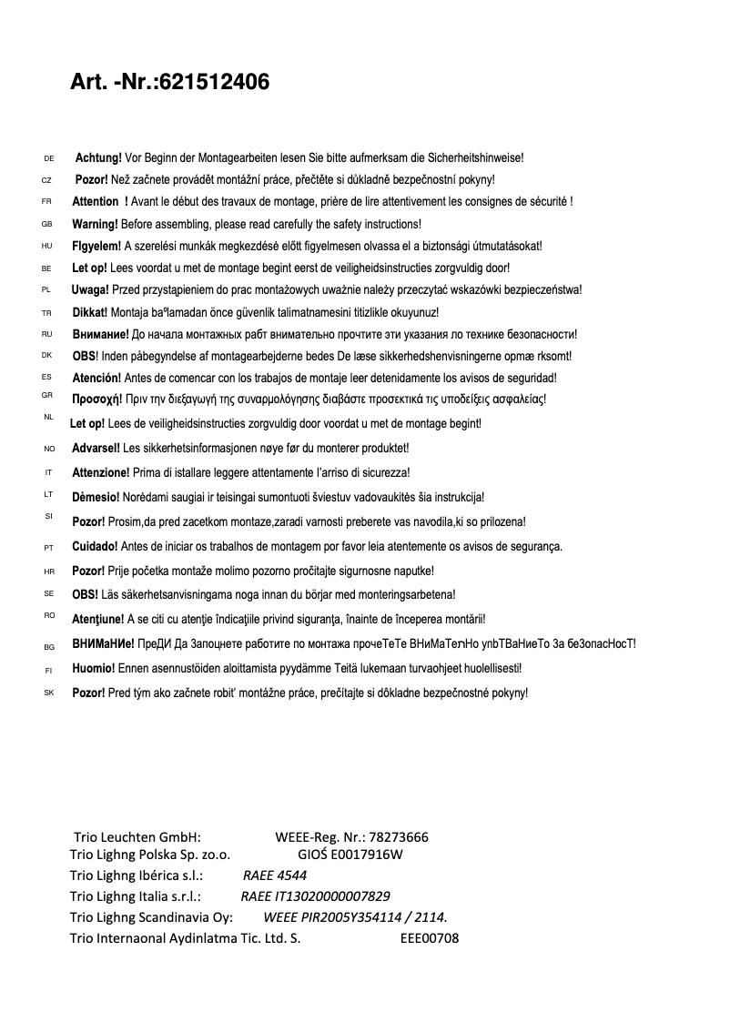 Page 1 de la notice Manuel utilisateur Trio Lighting Torino 621512406