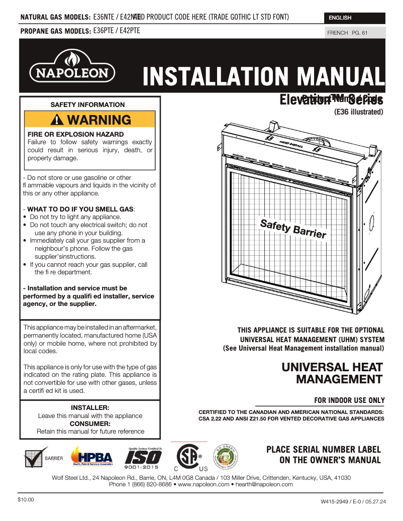 Page n°1 - Manuel utilisateur Napoleon Elevation 42