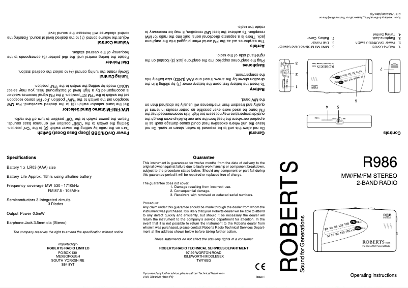 Page n°1 - Manuel utilisateur Roberts R986