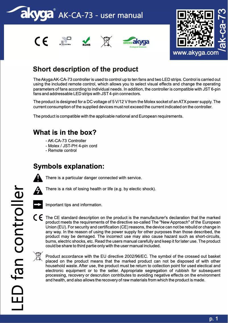 Page 1 de la notice Manuel utilisateur Akyga AK-CA-73