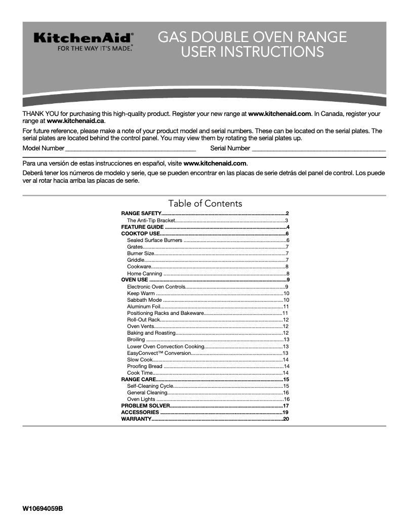 Page 1 de la notice Manuel d'utilisation et d'entretien KitchenAid KFGD500EWH
