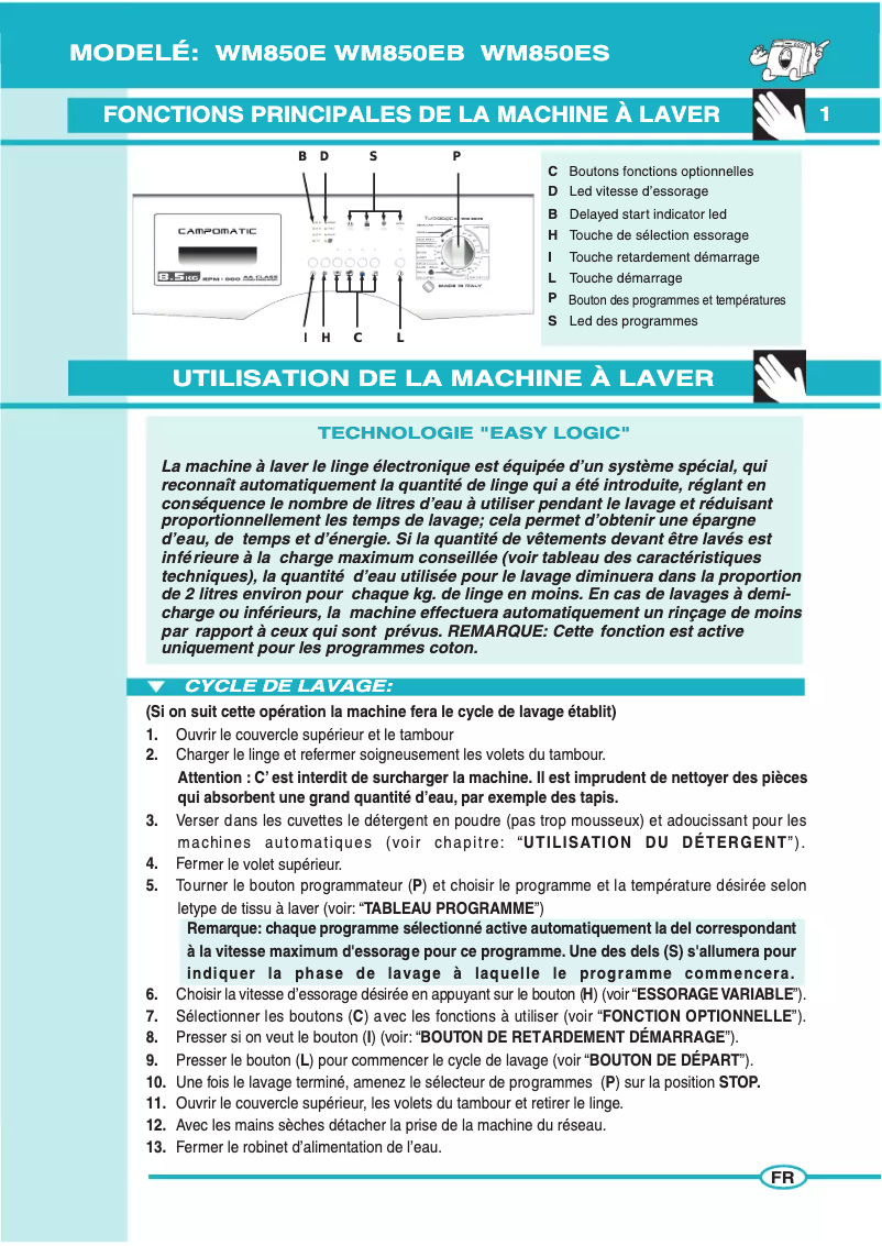 Page 1 de la notice Manuel utilisateur Campomatic WM850ES