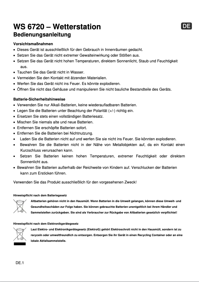 Page 1 de la notice Manuel utilisateur Techno Line WS 6720