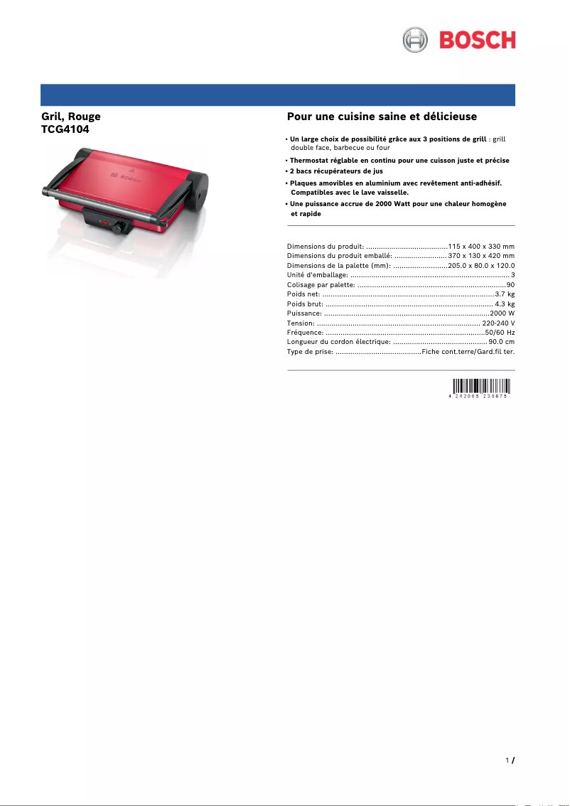 Page 1 de la notice Fiche technique Bosch TCG4104