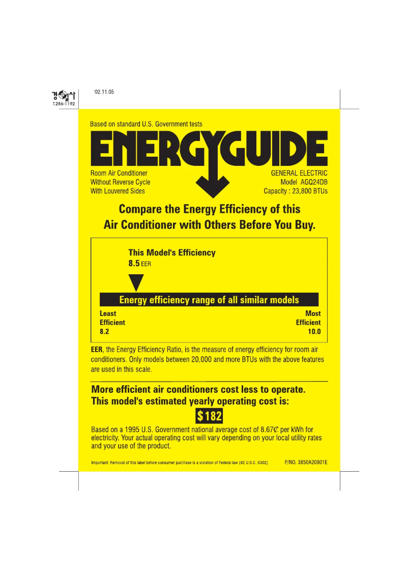 Page 1 de la notice Label énergétique GE AGQ24DB