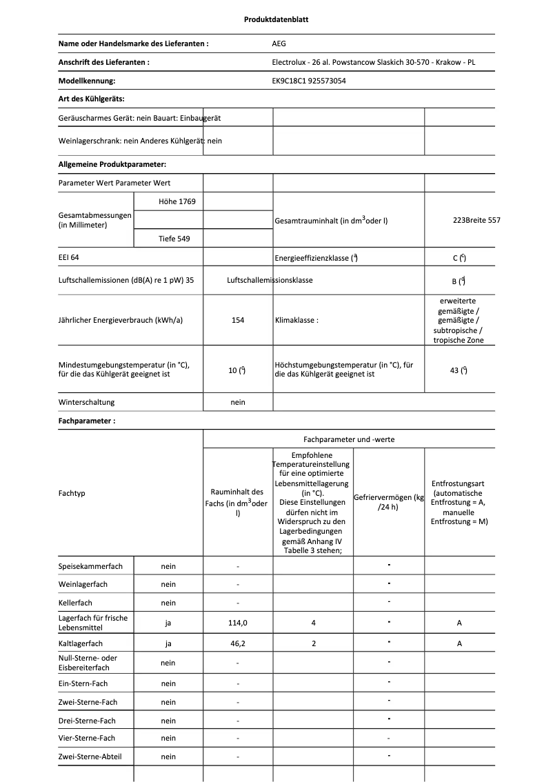 Page 1 de la notice Fiche technique AEG EK9C18C1