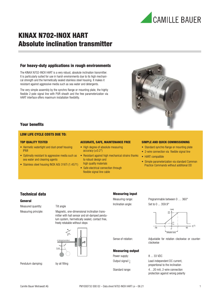 Page n°1 - Fiche technique Camille Bauer KINAX N702-INOX HART