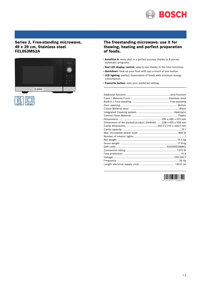 Page 1 de la notice Fiche technique Bosch FEL053MS2A