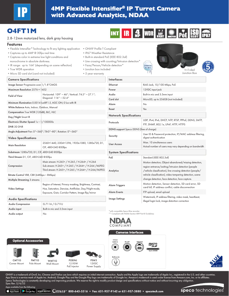 Page 1 de la notice Fiche technique Speco Technologies O4FT1M