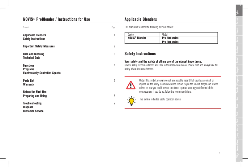 Page n°1 - Manuel utilisateur Novis ProBlender 650L