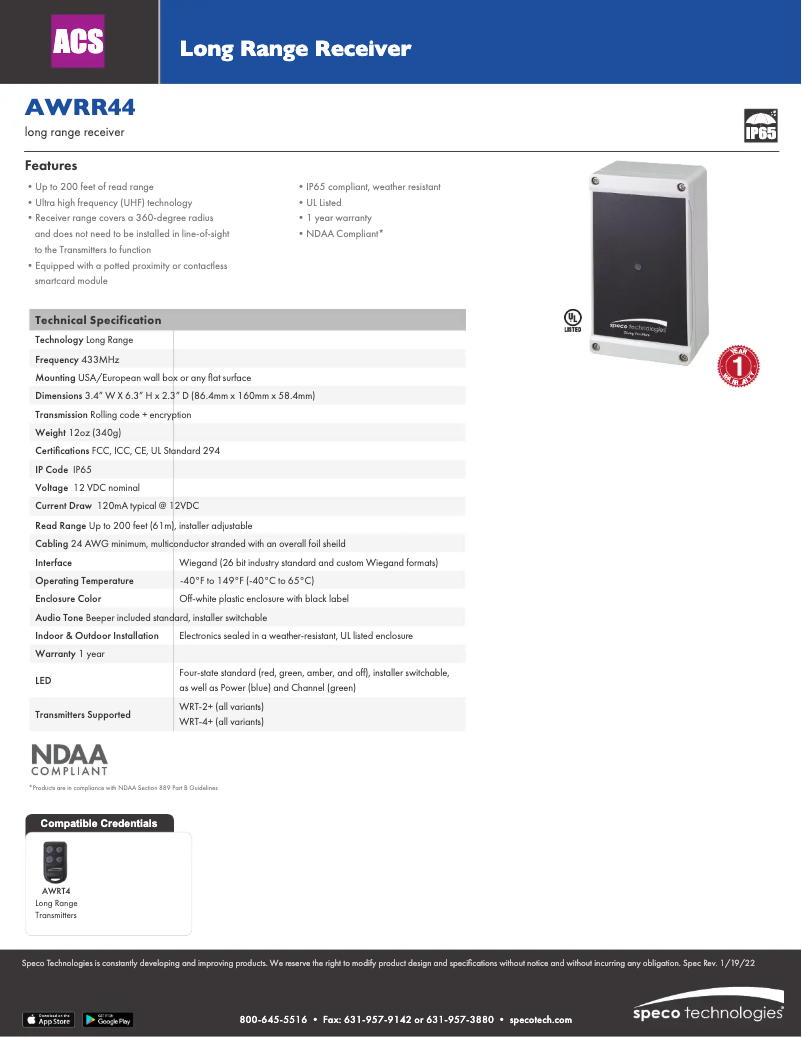 Page 1 de la notice Fiche technique Speco Technologies AWRR44