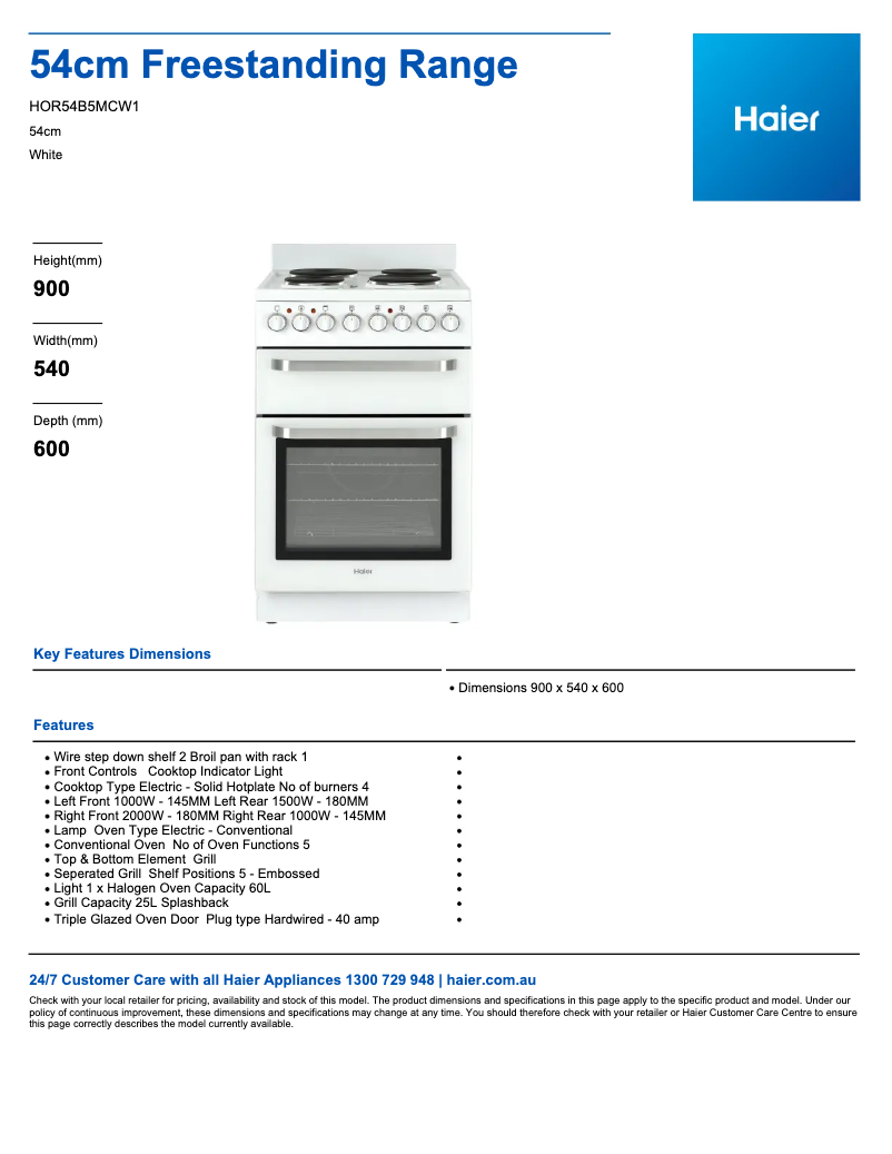 Page 1 de la notice Fiche technique Haier HOR54B5MCW1