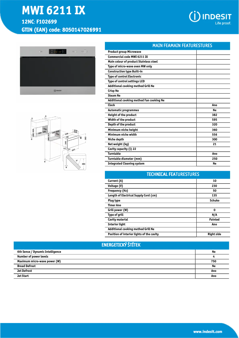 Page n°1 - Fiche technique Indesit MWI 6211 IX