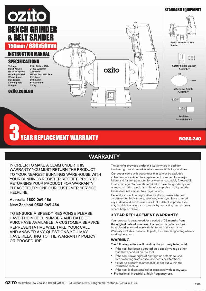 Page 1 de la notice Manuel utilisateur Ozito BGBS-240