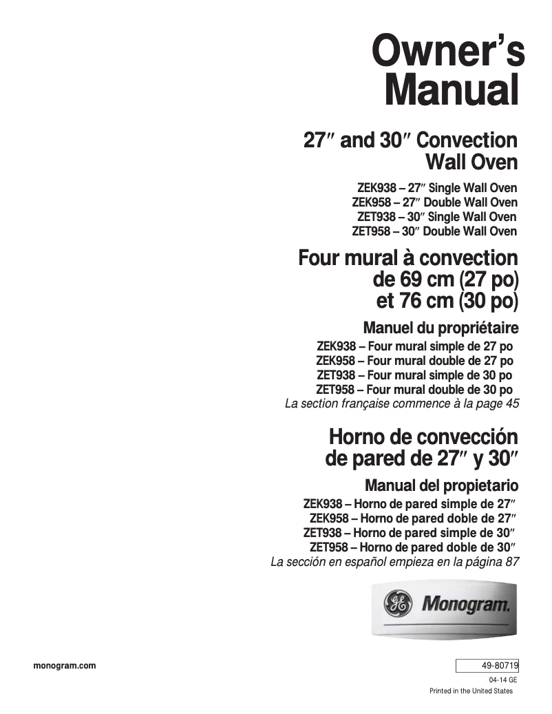 Page n°1 - Manuel d'utilisation et d'entretien GE ZET938SMSS