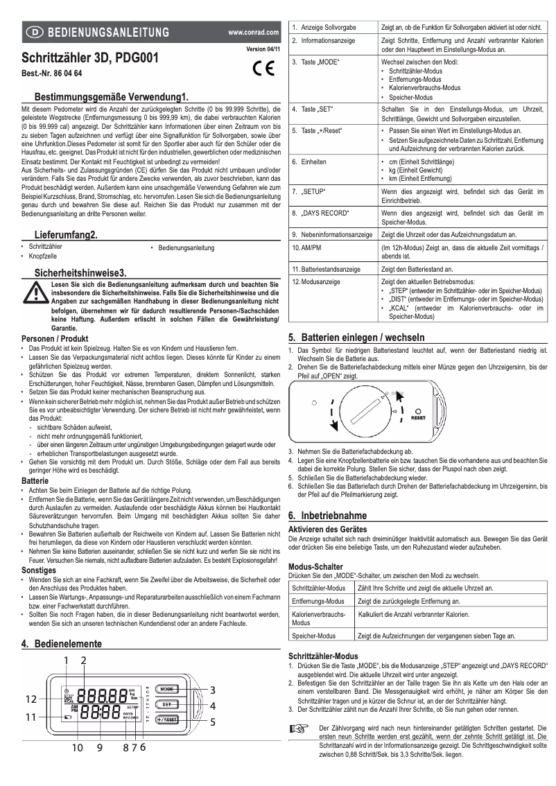 Page 1 de la notice Manuel utilisateur Conrad PDG001