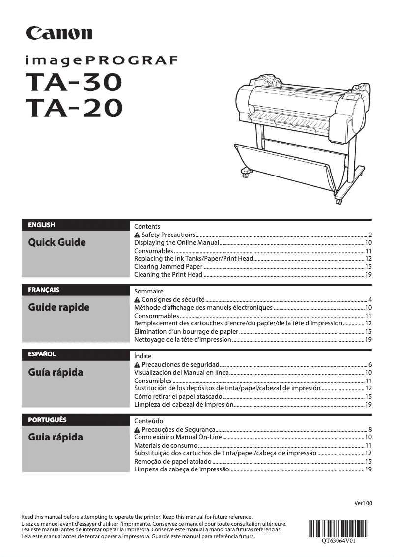 Image de la première page du manuel de l'appareil ImagePROGRAF TA-30