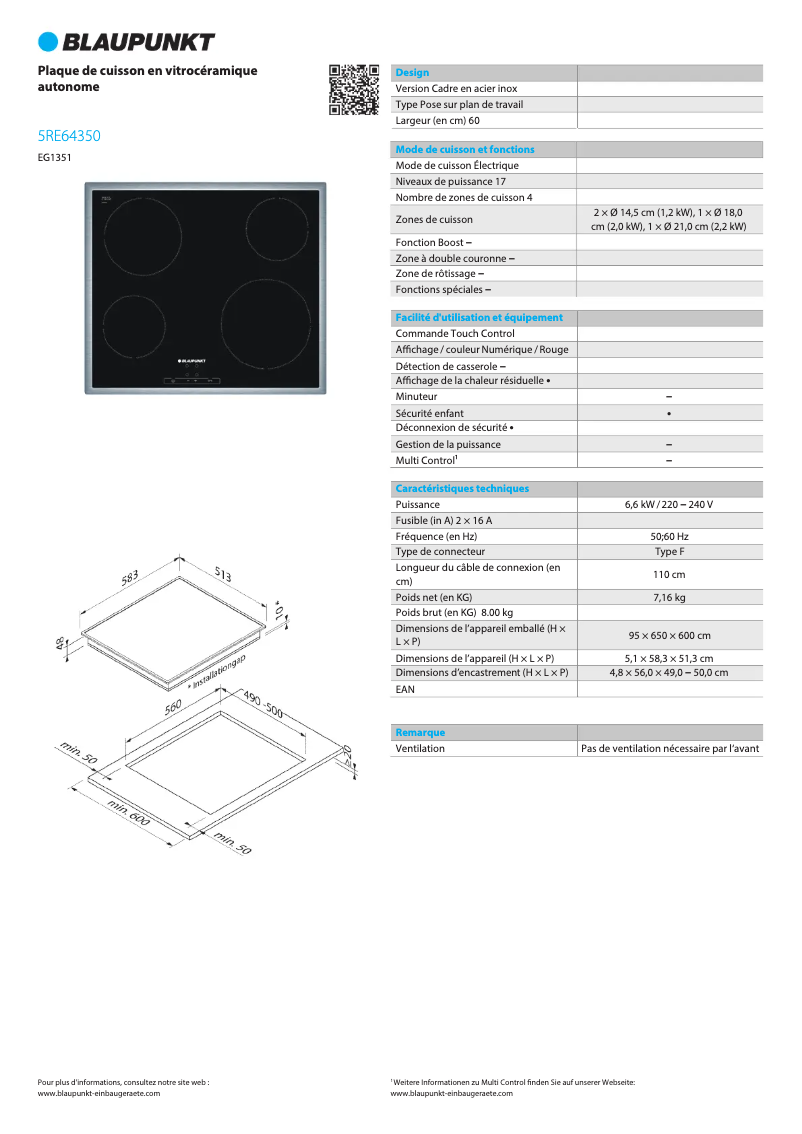 Page 1 de la notice Fiche technique Blaupunkt 5RE 64350