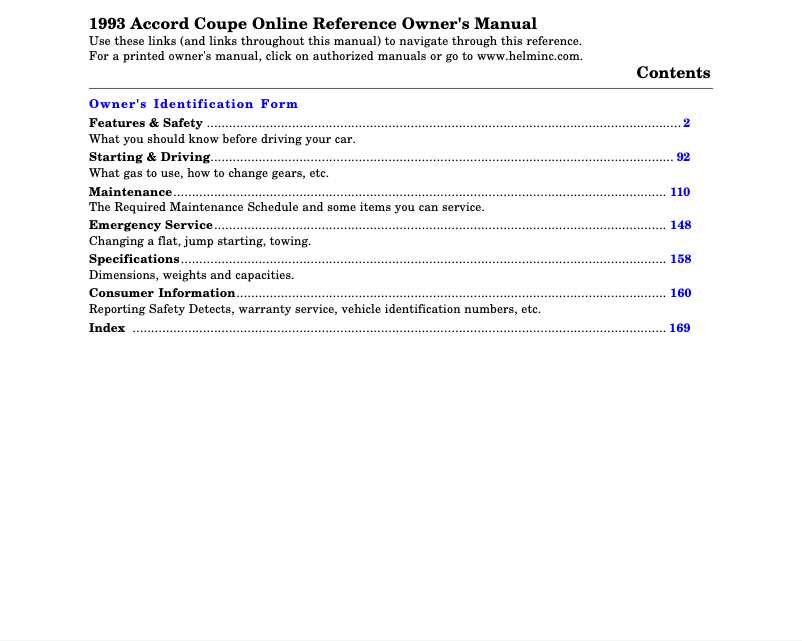 Page 1 de la notice Manuel utilisateur Honda Accord Sedan (1993)