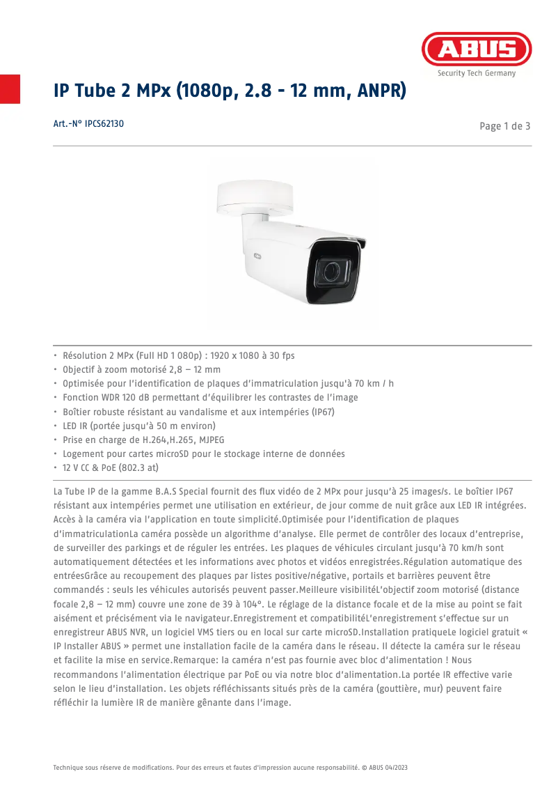 Image de la première page du manuel de l'appareil IPCS62130