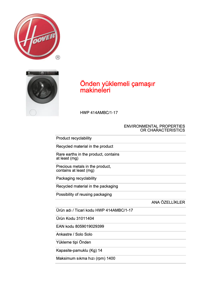 Page 1 de la notice Fiche technique Hoover HWP 414AMBC/1-17