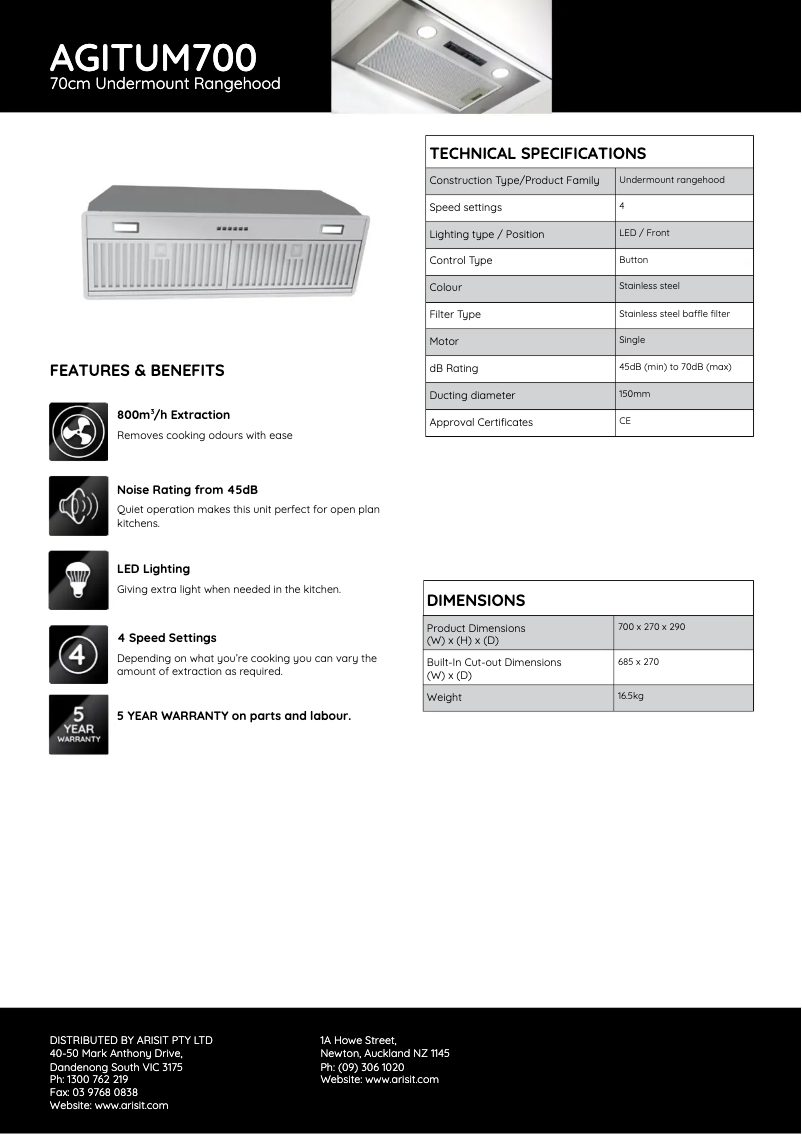 Page 1 de la notice Fiche technique Tisira AGITUM700