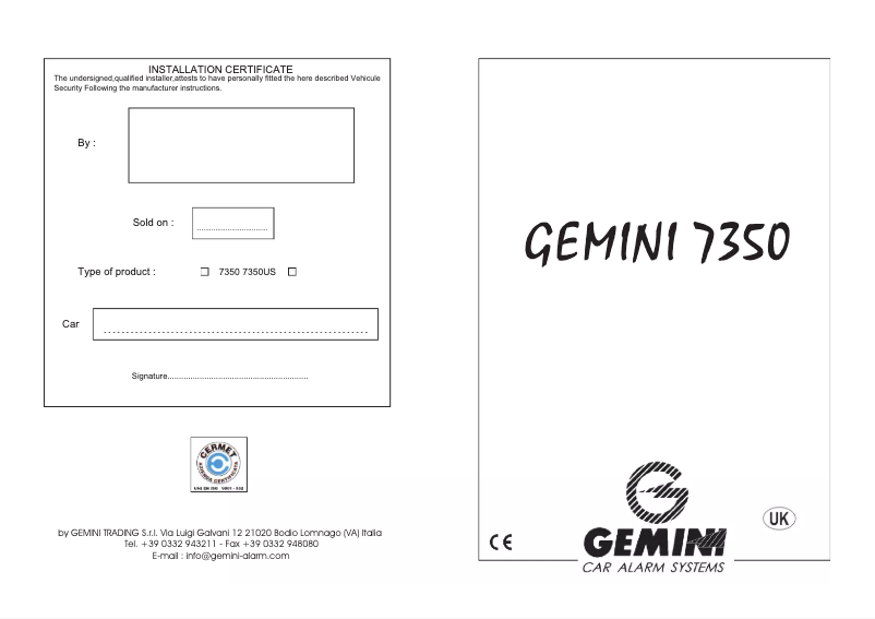 Page 1 de la notice Manuel utilisateur Gemini 7350