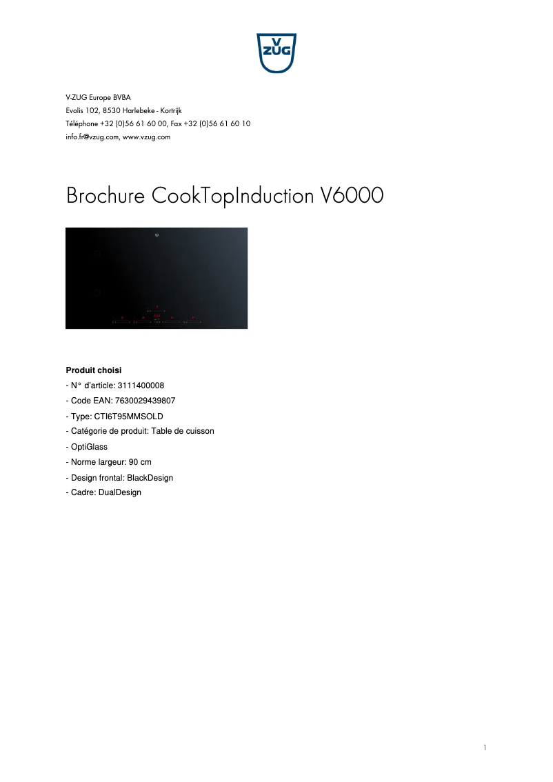 Page 1 de la notice Brochure V-Zug CookTopInduction V6000