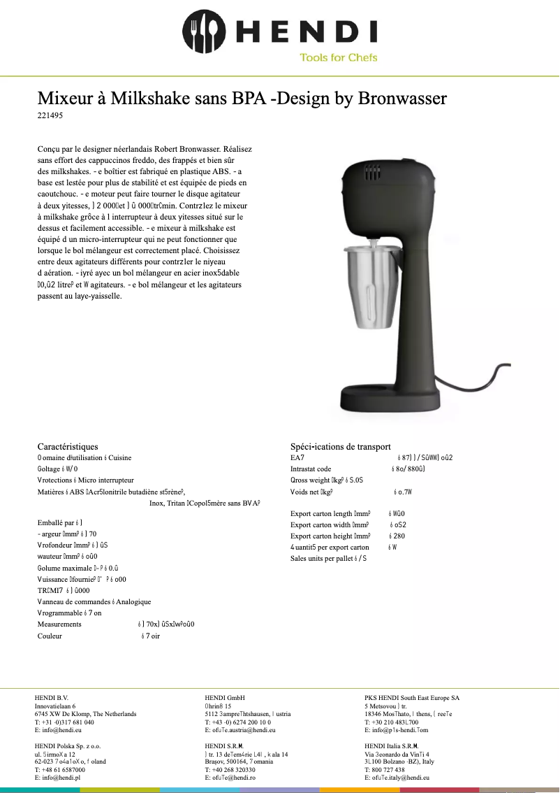 Page n°1 - Fiche technique Hendi 221372