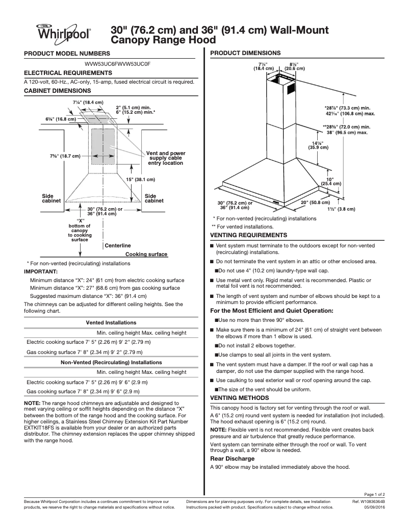 Page 1 de la notice Dessin technique Whirlpool WHKITWCE55US6HB