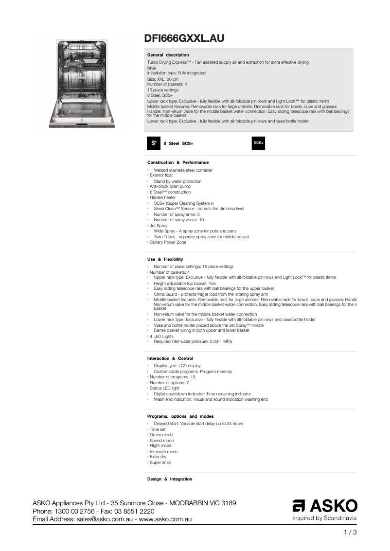 Page n°1 - Fiche technique Asko DFI666GXXL.AU