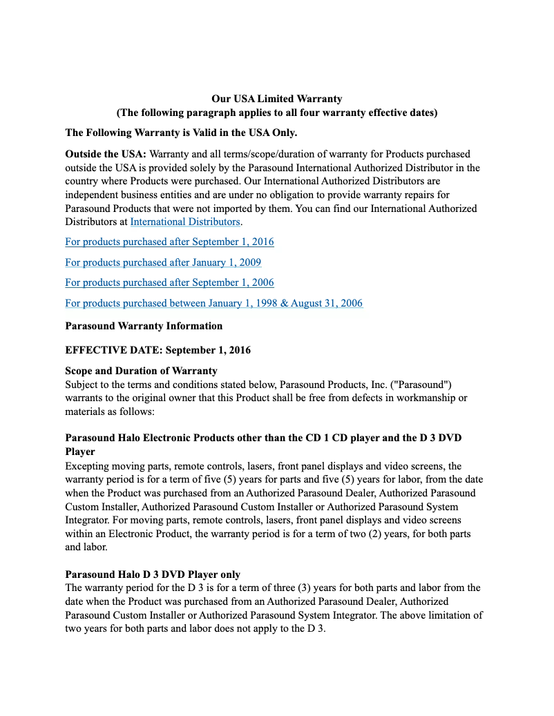 Page 1 de la notice Informations de garantie Parasound Halo A 21+