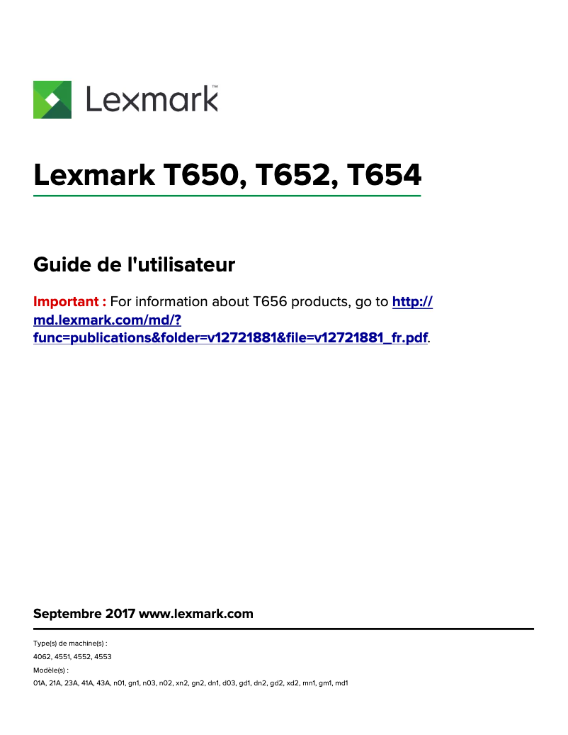 Page 1 de la notice Manuel utilisateur Lexmark T654