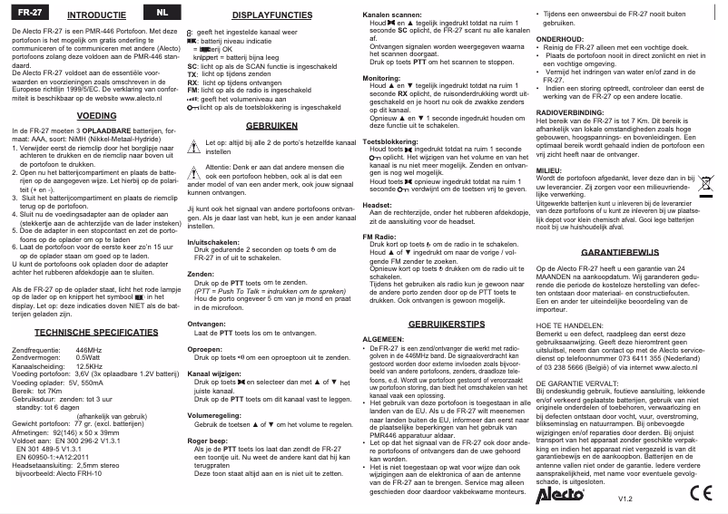 Page 1 de la notice Manuel utilisateur Alecto PMR FR-27