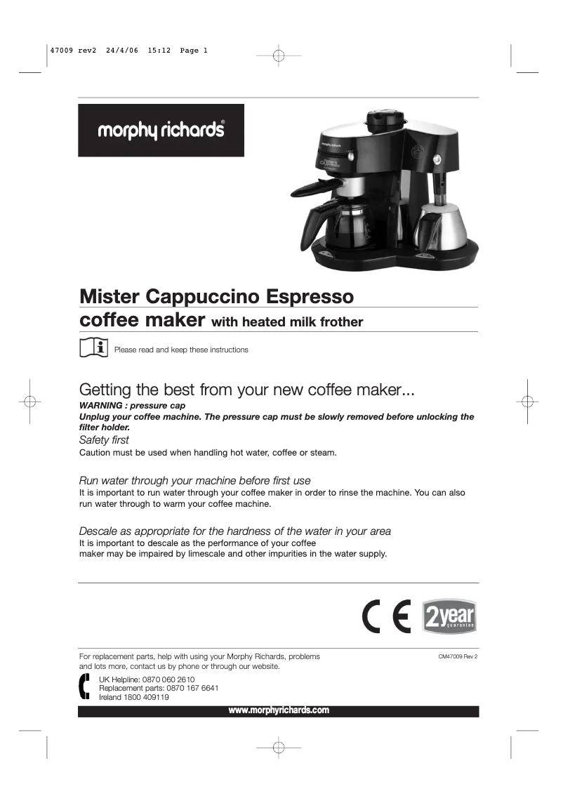 Page 1 de la notice Manuel utilisateur Morphy Richards Mister Cappuccino CM47009