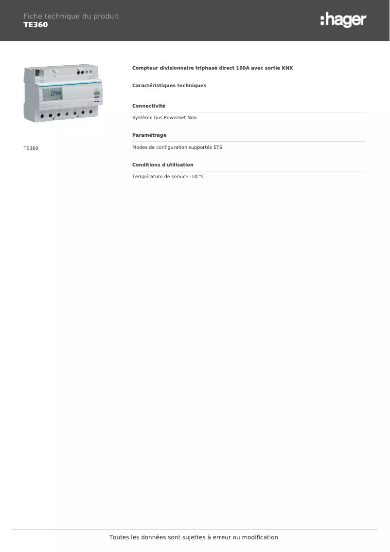Page 1 de la notice Fiche technique Hager TE360