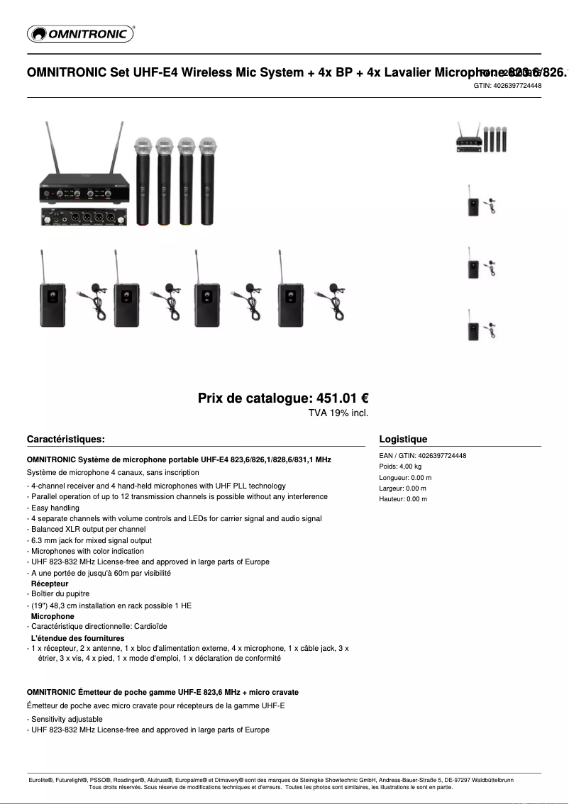 Page 1 de la notice Fiche technique Omnitronic E4